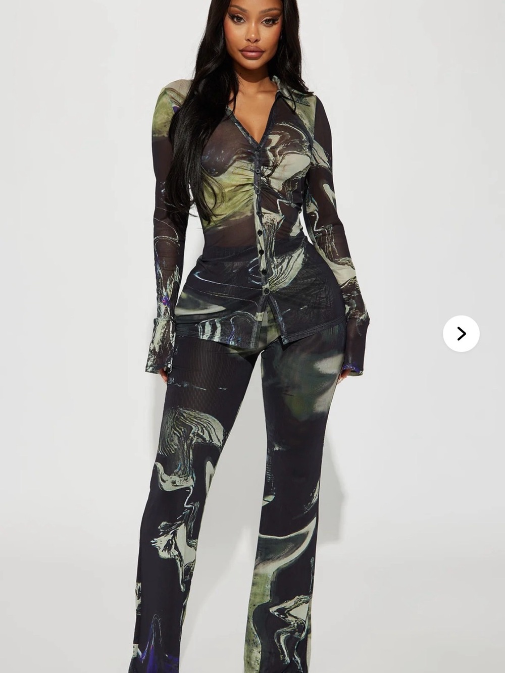 Fashion Nova Marble-Print Bootcut Set — Black & Olive